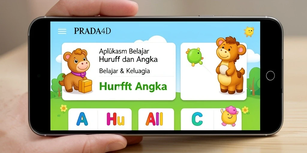 Antarmuka PRADA4D yang ceria dan interaktif untuk belajar huruf dan angka.
